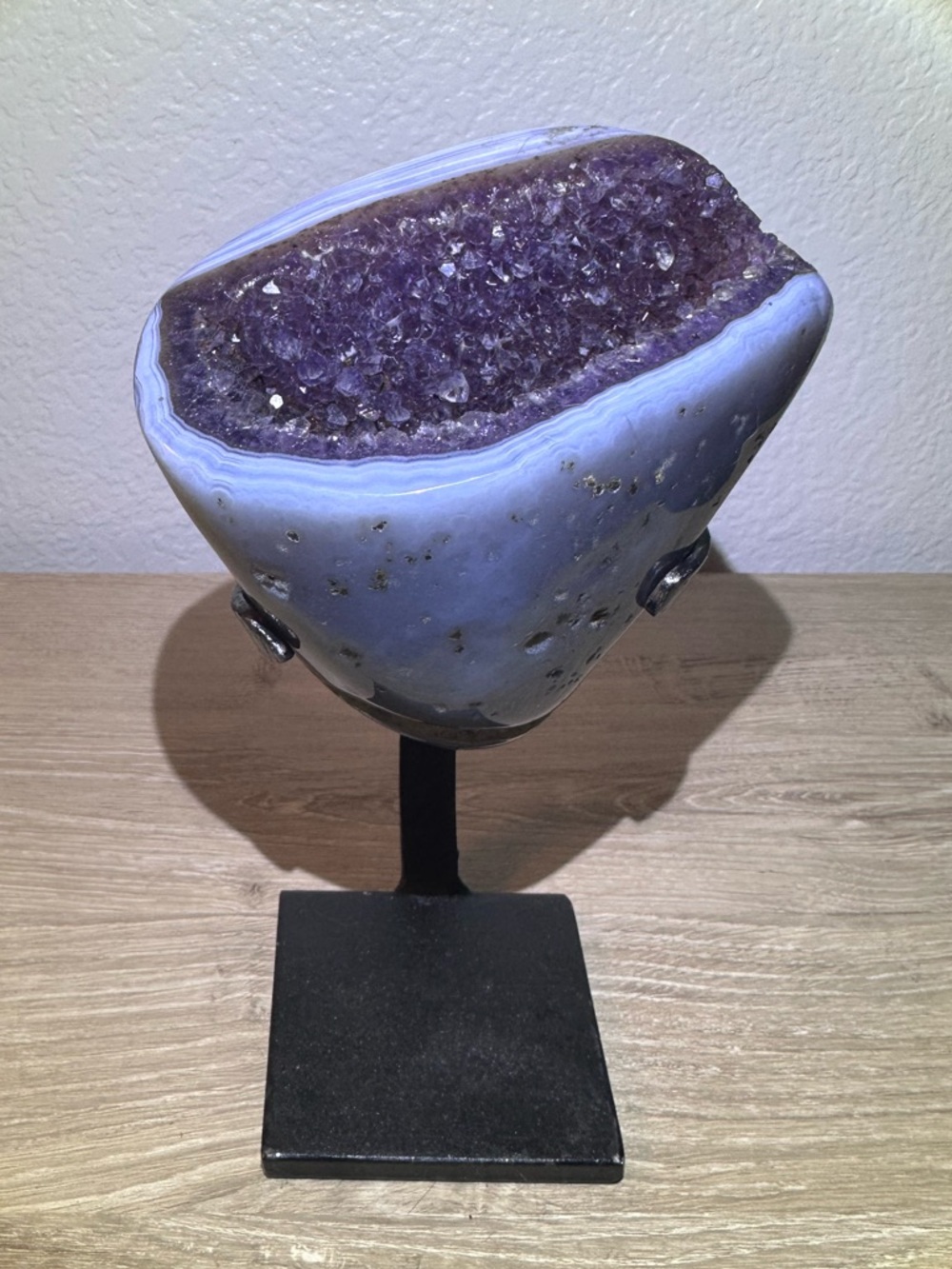 Purple Amethyst Geode Display on Metal Stand